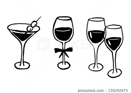 Wine glass with coquette bow, minimalist drawings set. Mediterranean restaurant menu. Drink doodle, cocktail illustration Wine glass with coquette bow, minimalist drawings set. Mediterranean restaurant menu. Drink doodle, cocktail illustration 130292675