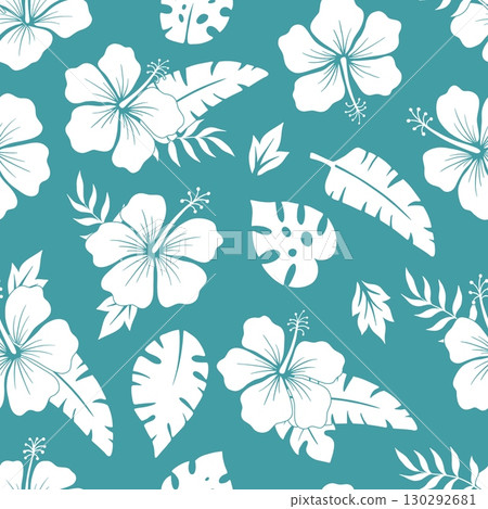 Seamless pattern with hibiscus flower and monstera leaf vector silhouette for shirt, floral monochrome illustrations, summer hawaiian beach white plant on blue backdrop Seamless pattern with hibiscus flower and monstera leaf vector silhouette for shirt, floral monochrome illustrations, summer hawaiian beach white plant on blue backdrop 130292681