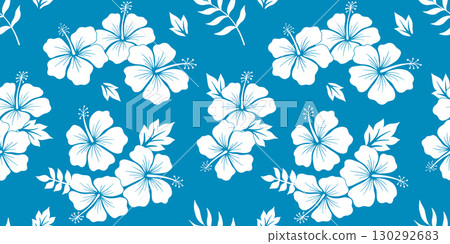 Seamless pattern with hibiscus flower vector silhouette for shirt, floral monochrome illustrations, summer hawaiian beach white plant on blue backdrop 130292683