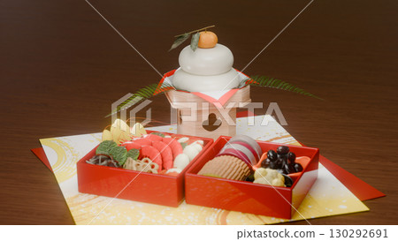 New Year's dishes and Kagami mochi New Year's dishes and Kagami mochi 130292691