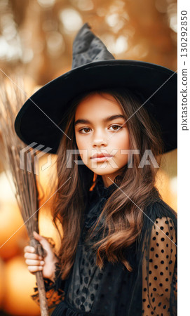 Young girl wearing a black witch hat holds a broomstick, surrounded by autumn pumpkins, embodying the enchanting spirit of Halloween festivities 130292850