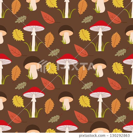 Autumn seamless pattern with mushrooms and leaves 130292863