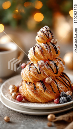 Delicious pastry shaped like a Christmas tree, adorned with chocolate drizzle and festive decorations, perfect for holiday celebrations and gatherings 130292866