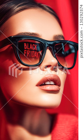 Stylish woman wearing sunglasses with Black Friday reflection, showcasing vibrant colors and bold fashion statement in a modern shopping atmosphere Stylish woman wearing sunglasses with Black Friday reflection, showcasing vibrant colors and bold fashion statement in a modern shopping atmosphere 130292874