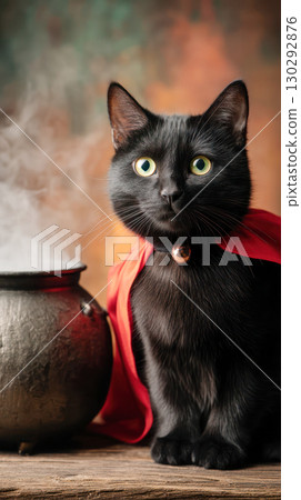 Black cat wearing a red cape sits beside a bubbling cauldron, creating a whimsical Halloween atmosphere with magical elements and enchanting vibes 130292876