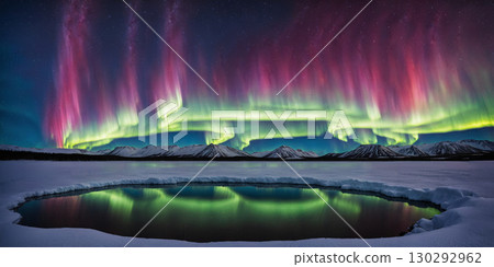 A fantastic night sky with the aurora reflected on the ice and water surface 130292962