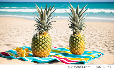 Two fresh pineapples placed on a beach towel 130292965
