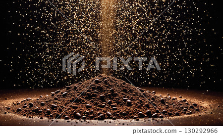 飄落的金黃粉末和堆積如山的咖啡豆 飄落的金黃粉末和堆積如山的咖啡豆 130292966