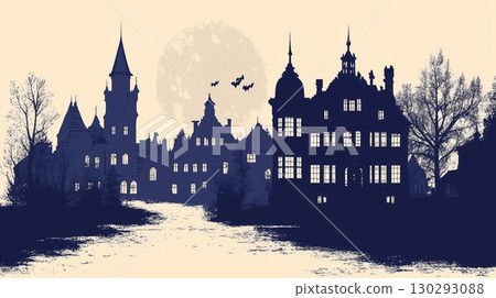 Silhouette of a castle with trees and bats against a full moon creating a tense and mystical atmosphere 130293088