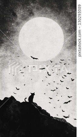 Silhouette of a cat on a mountain, surrounded by flying bats under a full moon, dark and moody atmosphere 130293089