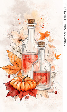 A still life featuring glass bottles, a pumpkin, and autumn leaves on a soft background, showcasing a cozy autumn concept 130293090
