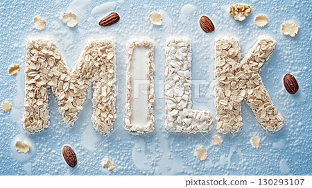 Creative oatmeal and almond design spelling 'Milk' on blue background. Healthy breakfast concept 130293107