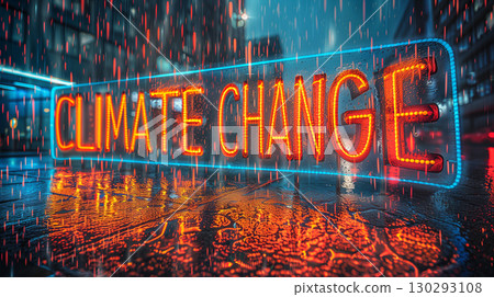 Flood danger: illuminated climate change sign during heavy rain against city street background 130293108