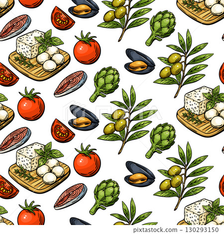 Mediterranean seamless food pattern with cheese fish olives tomato Mediterranean seamless food pattern with cheese fish olives tomato 130293150