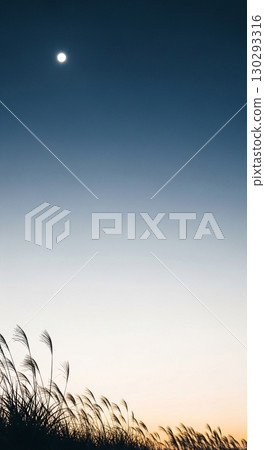 滿月與日本芒草的輪廓 | 最小的暮光漸變（垂直、大邊距） 130293316