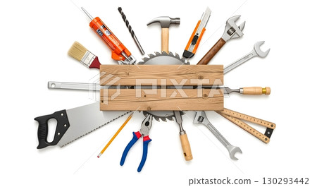 set of tools and instruments on wooden board set of tools and instruments on wooden board 130293442