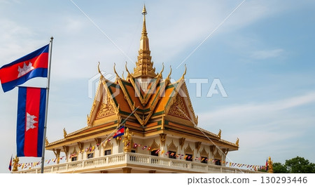 the buddhist temple with flags 130293446