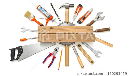 set of tools and instruments on wooden 130293459