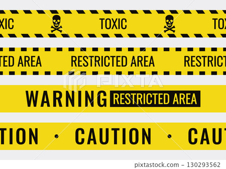 Seamless yellow and black caution tapes for safety and hazard designs. Perfect for warning borders, construction themes, and security visuals Seamless yellow and black caution tapes for safety and hazard designs. Perfect for warning borders, construction themes, and security visuals 130293562