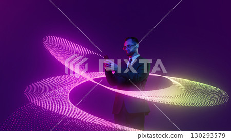 Surreal collage art. Businessman in suit holding smartphone surrounded by glowing neon data ring Surreal collage art. Businessman in suit holding smartphone surrounded by glowing neon data ring 130293579