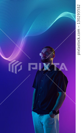 Contemporary collage. Man in casual shirt standing under glowing digital wave with thoughtful mood Contemporary collage. Man in casual shirt standing under glowing digital wave with thoughtful mood 130293582
