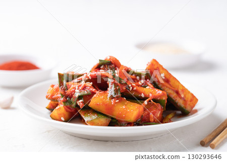 Korean kimchi cucumber on white background, Korean side dish, Homemade food 130293646