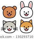 Simple illustrations of bear, rabbit, cat, and Shiba Inu faces 130293710