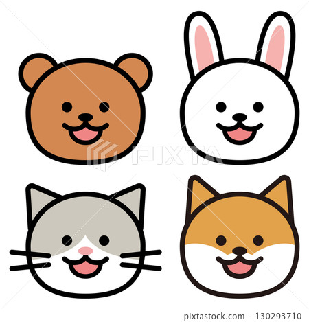 Simple illustrations of bear, rabbit, cat, and Shiba Inu faces 130293710