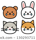 Simple illustrations of crying bear, rabbit, cat, and Shiba Inu faces 130293711