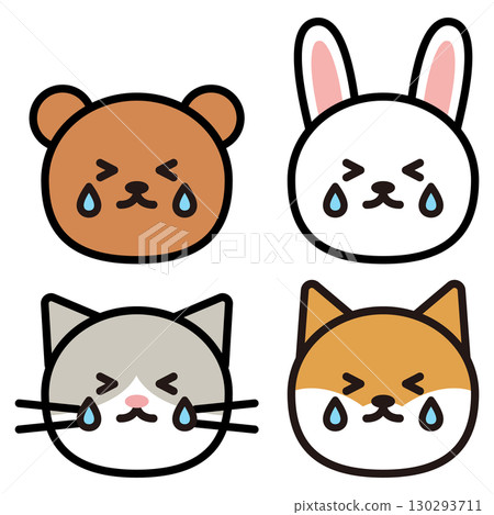 Simple illustrations of crying bear, rabbit, cat, and Shiba Inu faces Simple illustrations of crying bear, rabbit, cat, and Shiba Inu faces 130293711