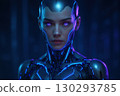 Neon Cyborg Warrior With Luminous Purple Eyes 130293785