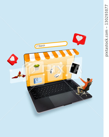 Creative graphic artwork. Man in chair shopping online on laptop with holographic storefront icons 130293877