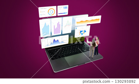 Collage of two miniature businesswomen analyzing digital analytics dashboard on laptop Collage of two miniature businesswomen analyzing digital analytics dashboard on laptop 130293892
