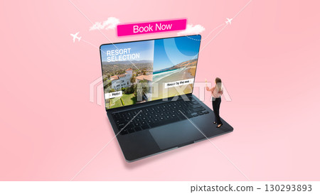 Surreal collage. Online booking concept with miniature traveler choosing vacation on laptop screen 130293893