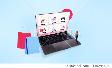 Contemporary collage. Miniature woman pointing at large online store catalog on laptop screen 130293895