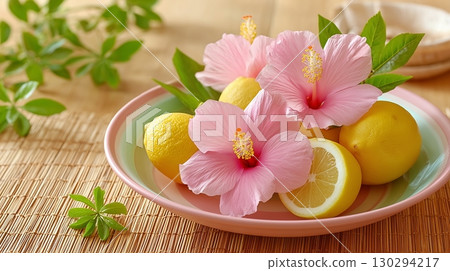Lemons and hibiscus flowers served on a table 130294217