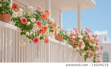 Colorful hibiscus flowers decorate the balcony of an apartment building 130294218