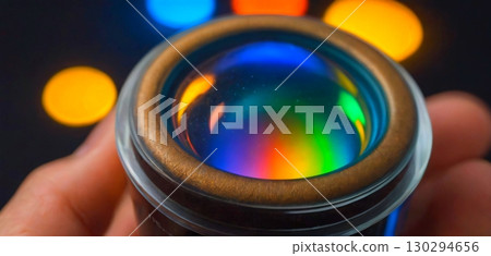 Vibrant rainbow light refracting through a lens, creating a stunning visual effect, bokeh 130294656