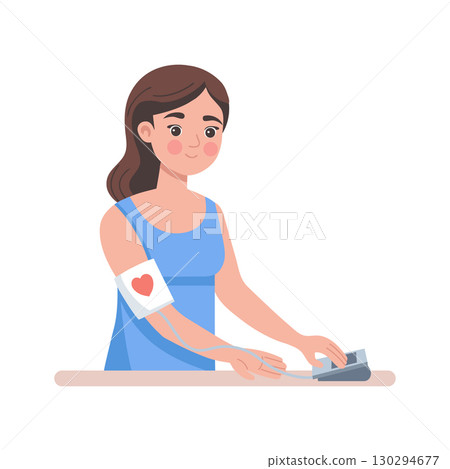 Woman with a tonometer. Young woman measures blood pressure. Illustration. 130294677