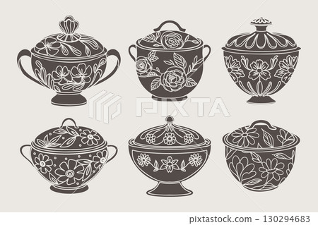 Set of decorative ceramic sugar bowls with floral ornament. Set of vintage porcelain pots. Illustration, silhouettes. 130294683