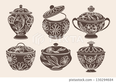 Set of decorative ceramic sugar bowls with floral ornament. Set of vintage porcelain pots. Illustration, silhouettes. Set of decorative ceramic sugar bowls with floral ornament. Set of vintage porcelain pots. Illustration, silhouettes. 130294684