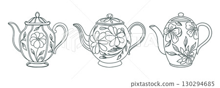 Set of outline teapots with floral ornament. Hand drawn illustration. Set of outline teapots with floral ornament. Hand drawn illustration. 130294685