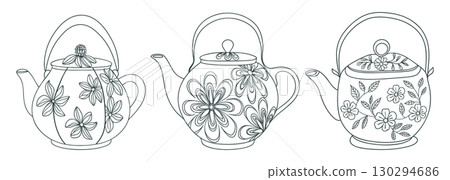 Set of outline teapots with floral ornament. Hand drawn illustration. 130294686