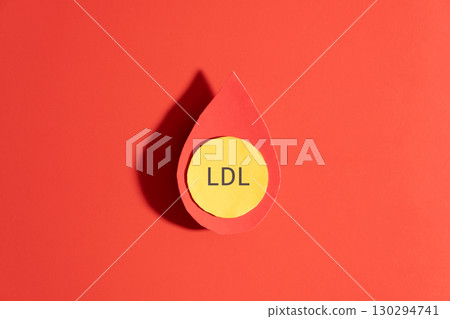 High cholesterol concept. LDL cholesterol with yellow spherical particles inside blood droplets on red background. Cardiovascular disease problem. High cholesterol concept. LDL cholesterol with yellow spherical particles inside blood droplets on red background. Cardiovascular disease problem. 130294741