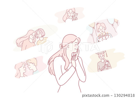 Woman feel nostalgic remembering life scenes Woman feel nostalgic remembering life scenes 130294818