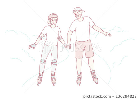 Energetic senior couple ride on roller blades 130294822