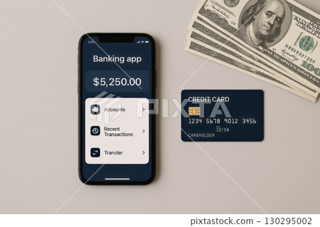 Banking app displays account balance with cash and credit card on a table in a modern setting during daylight 130295002