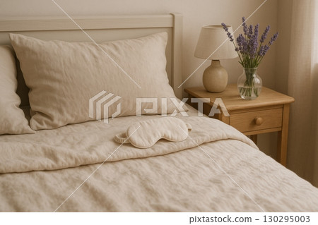 Soft bedding and calming decor create a serene atmosphere in a cozy bedroom with lavender accents and warm lighting 130295003