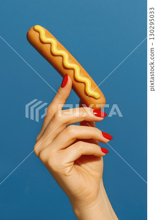 hand with red nails holding sausage, generative AI hand with red nails holding sausage, generative AI 130295033