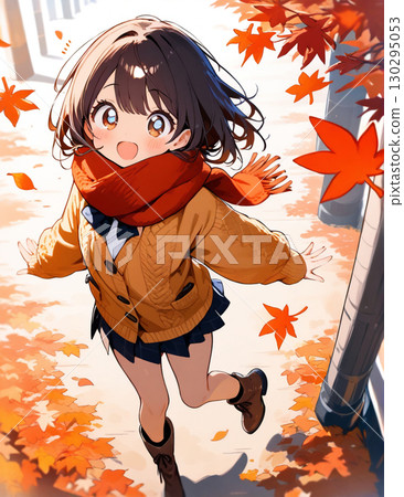 Illustration of an autumn landscape with a girl gazing at autumn leaves 130295053